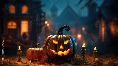Pumpkin orange glows angry face. Pumpkin glows in the night for Halloween. generative ai