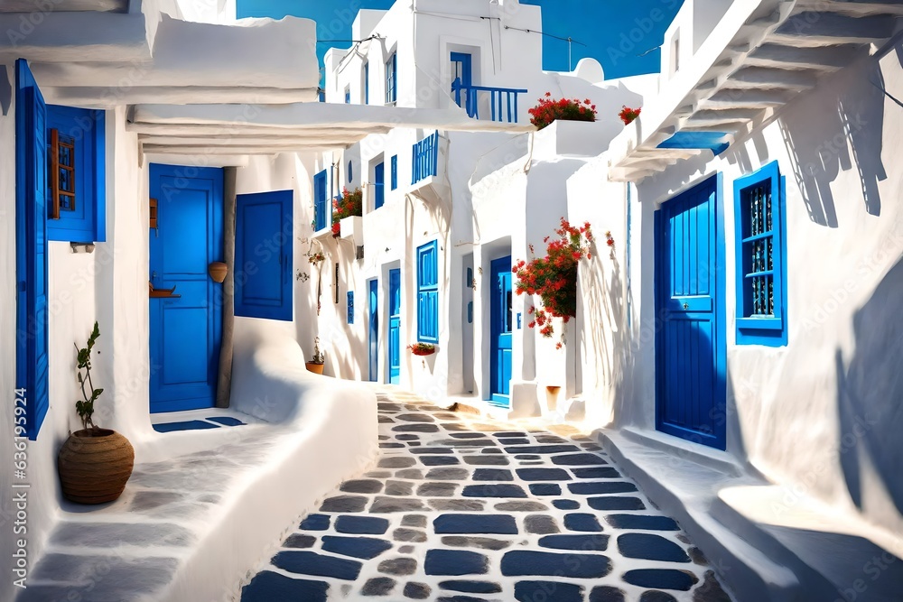 Mykonos, Greece - Traditional whitewashed street of Mykonos town with blue windows and doors on a sunny summer morning. Empty alleyway at sunrise   3d rendering - obrazy, fototapety, plakaty 
