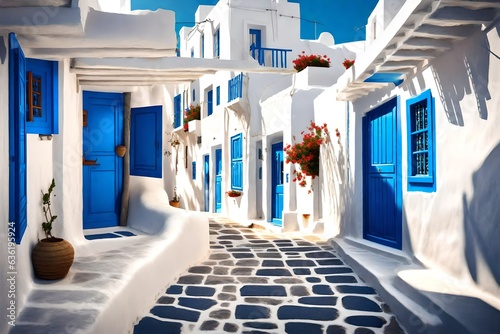 Mykonos, Greece - Traditional whitewashed street of Mykonos town with blue windows and doors on a sunny summer morning. Empty alleyway at sunrise   3d rendering photo