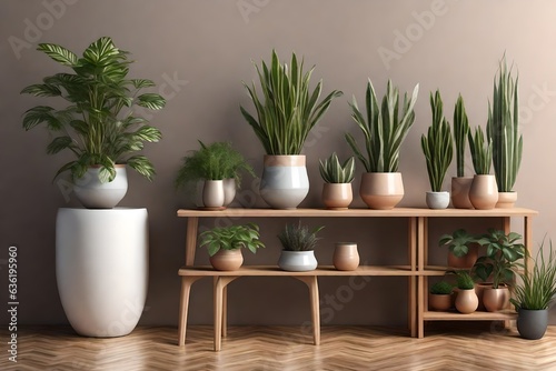 Houseplants in different designed flowerpots on a cabinet 3d rendering 