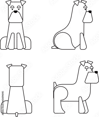 グラフィカルでシンプルな犬の4ポーズのセット（ミニチュアシュナウザー）