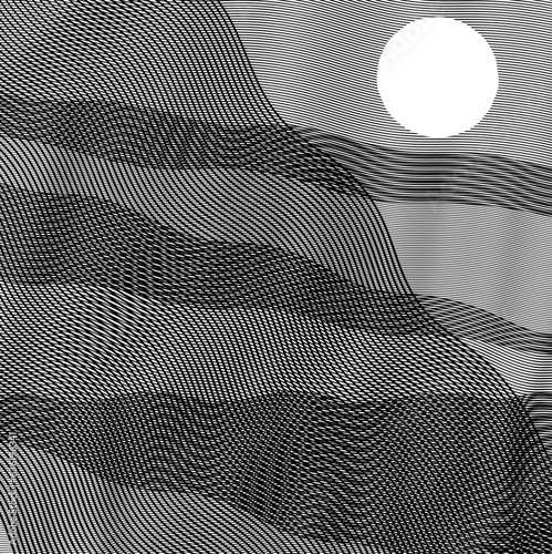 The striped abstraction is filled with pieces of linear mass and a hole in the form of the sun.