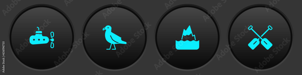 Set Submarine, Bird seagull, Iceberg and Paddle icon. Vector Set Submarine, Bird seagull, Iceberg and Paddle icon. Vector