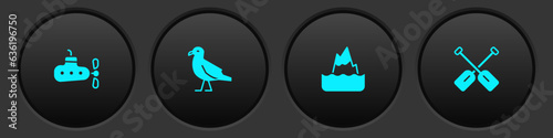 Set Submarine, Bird seagull, Iceberg and Paddle icon. Vector