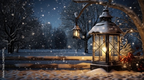 Christmas lamp with a fire in the snow against the background of a December night, free space created with Generative AI technology © pvl0707
