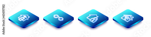 Set Isometric line Smart home remote control system, Glasses, House under protection and with wi-fi icon. Vector