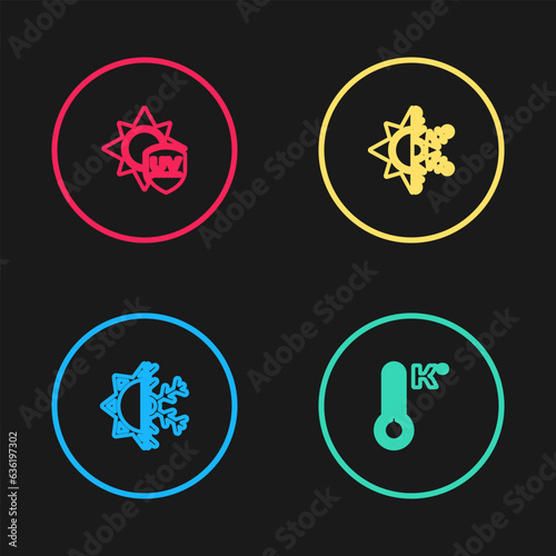 Set line Sun and snowflake, Meteorology thermometer, and UV protection icon. Vector