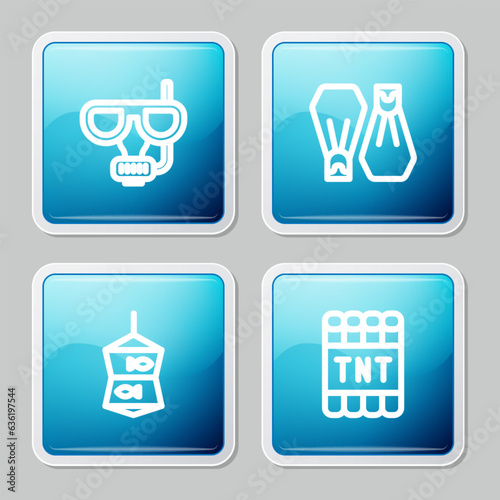 Set line Diving mask and snorkel, Rubber flippers for swimming, Fishing net with fish and Detonate dynamite bomb stick icon. Vector