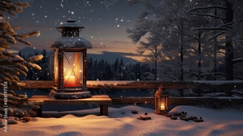 Christmas lamp with a fire in the snow against the background of a December night, free space created with Generative AI technology