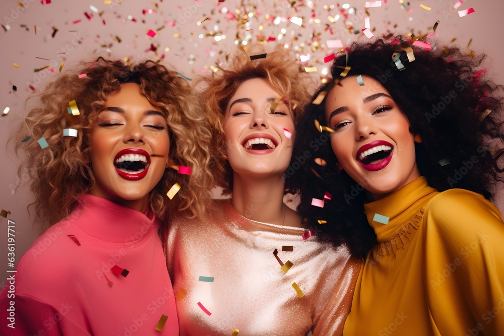 3 female friends at new year's eve party, pink background. 3 female friends at new year's eve party, pink background.