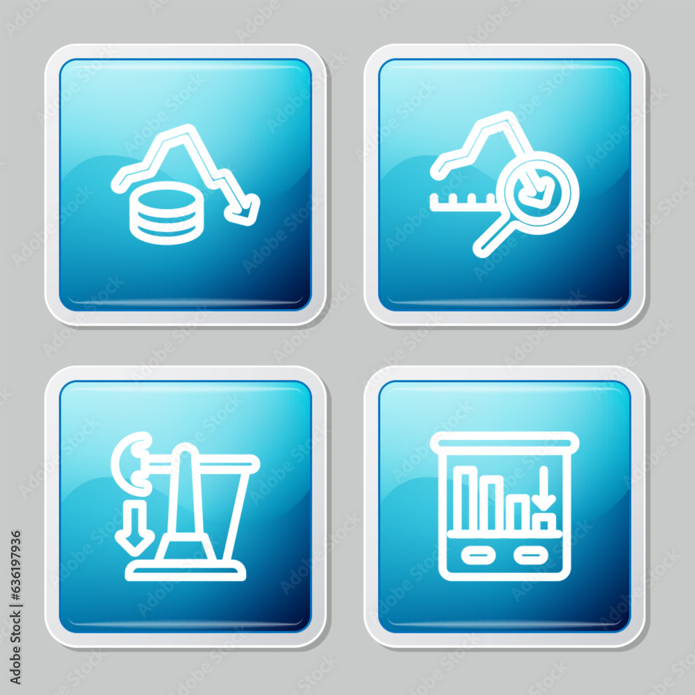 Set line Dollar rate decrease, Global economic crisis, Drop in crude oil price and Pie chart infographic icon. Vector Set line Dollar rate decrease, Global economic crisis, Drop in crude oil price and Pie chart infographic icon. Vector