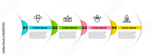 Set line Sausage on the fork, United States Capitol Congress, Sheriff cowboy and Campfire. Business infographic template. Vector