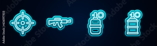 Set line Target sport, M16A1 rifle, Hand grenade and smoke. Glowing neon icon. Vector