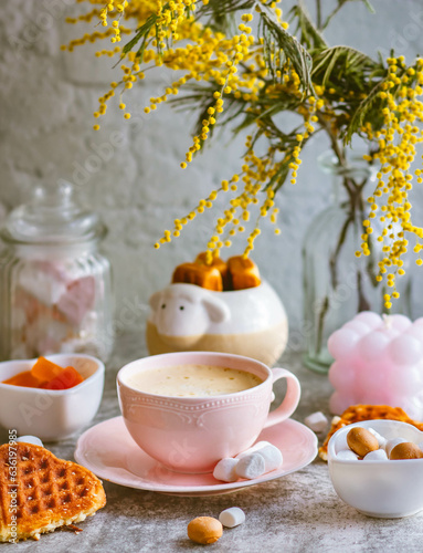 coffee with milk in a pink cup, cookies and a vase with yellow mimosa. Spring, stylish, delicate still life on a light background