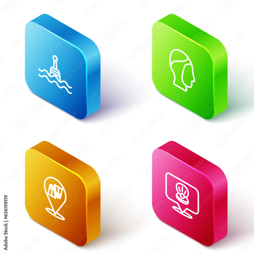 Set Isometric line Floating buoy, Diving hood, Flippers for swimming and Scallop sea shell icon. Vector Set Isometric line Floating buoy, Diving hood, Flippers for swimming and Scallop sea shell icon. Vector