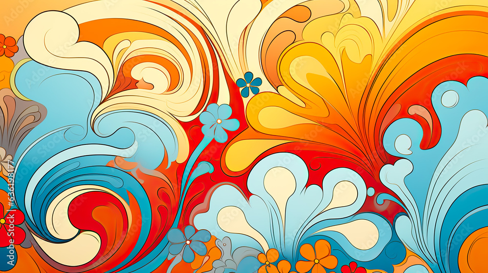 Colorful 70s Retro Style poster art with flowers, and psychedelic wavy shapes, colors in orange, pale blue, yellow and greens. Background texture or wall art. Colorful 70s Retro Style poster art with flowers, and psychedelic wavy shapes, colors in orange, pale blue, yellow and greens. Background texture or wall art.