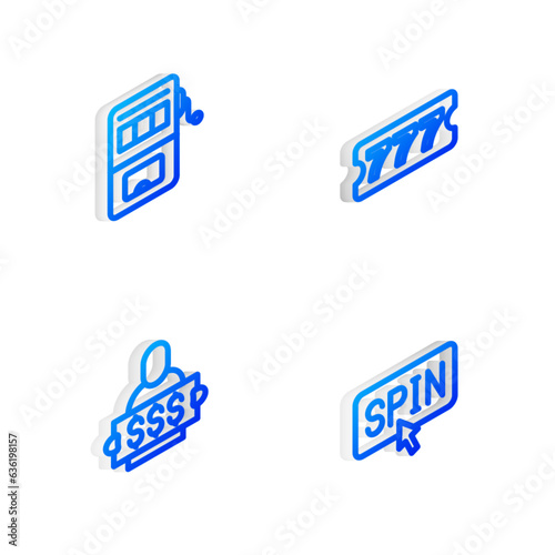 Set Isometric line Lottery ticket, Slot machine, Winner holding prize and spin button icon. Vector