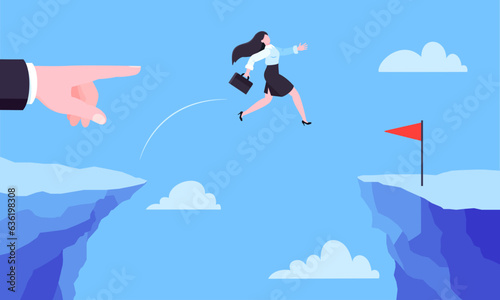 Businesswoman jumps over the abyss across the cliff flat style design vector illustration. Business concept of fearless businesswoman with courage. Risk, goal achievement, work obstacles and success.