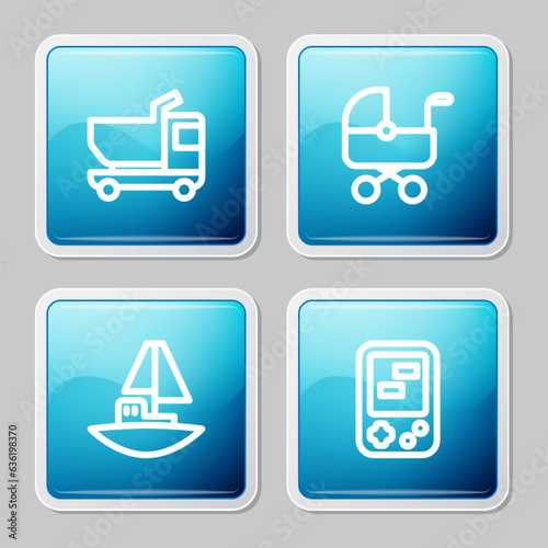 Set line Toy truck, Baby stroller, boat and Tetris electronic game icon. Vector