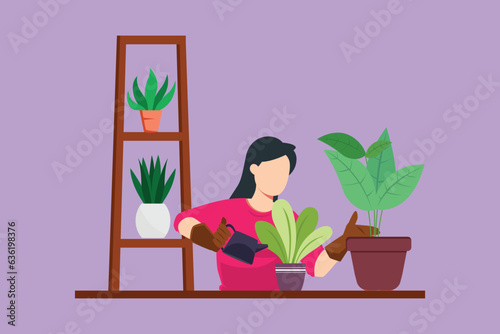 Character flat drawing beautiful woman watering plants, caring for greens. Hobby, low waste lifestyle, eco friendly thinking. Green home garden. Garden on balcony. Cartoon design vector illustration