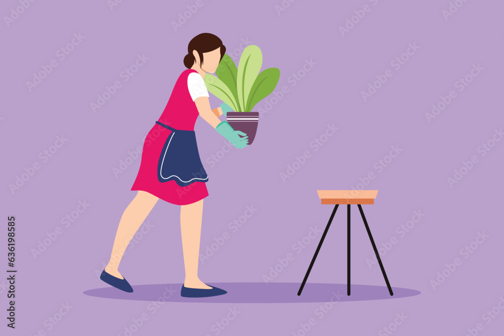 Fototapeta premium Character flat drawing young woman in cozy room holds pot with plant in her hands. Growing and caring house plants. Pretty girl gardener takes care of home garden. Cartoon design vector illustration