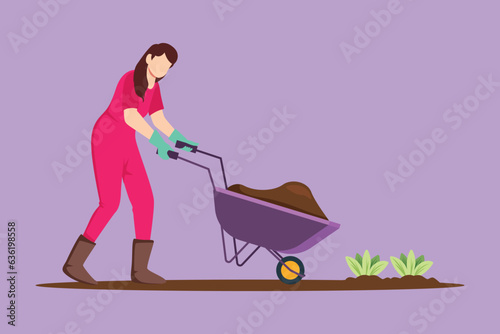 Cartoon flat style drawing of young beautiful girl carrying wheelbarrow with plants and flowers outdoor. Green home hobby. Garden work. Florist taking care of plant. Graphic design vector illustration