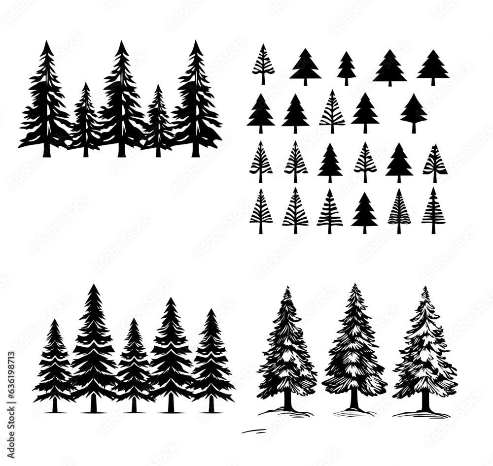 Obraz premium Vector xmas Pine tree silhouette mega set for events