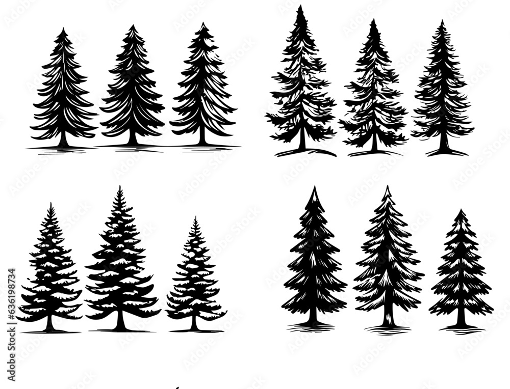 Vector xmas Pine tree silhouette mega set for events