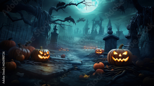 Jack O' Lantern in Spooky Woodland Churchyard. Halloween background. Generative AI.