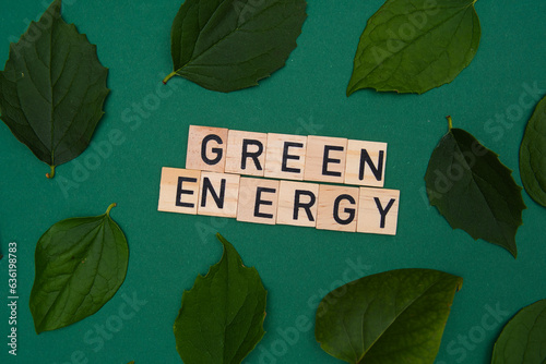 Fototapeta Naklejka Na Ścianę i Meble -  Flat Lay photo with the inscription Green energy. Use of sustainable and renewable energy sources. Taking care of the environment