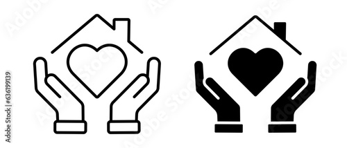 Hands holding house with heart vector icon set. Real estate business symbol