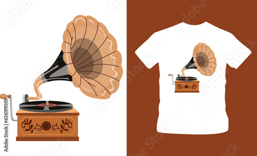Nostalgic imagery from past of  phonograph hand drawn shirt design editable template