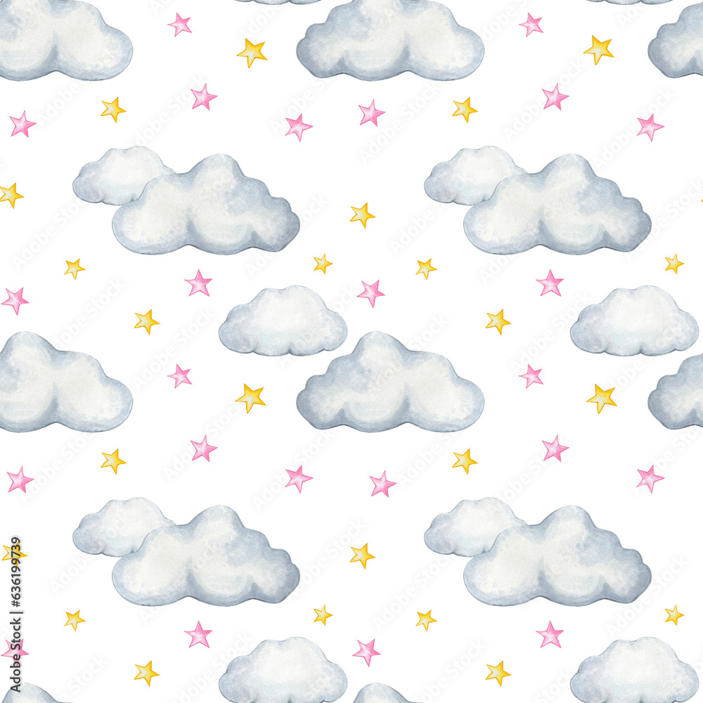 Seamless pattern with stars and clouds. watercolor