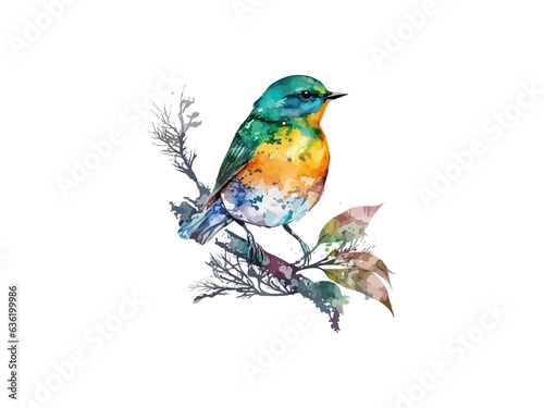 Watercolor bird and sparrow vector illustration Realistic hand drawn Painting, On branches decorated by leaves and flowers, White isolated background.