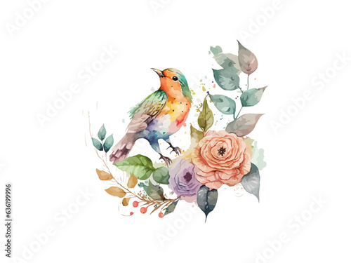 Watercolor bird and sparrow vector illustration Realistic hand drawn Painting  On branches decorated by leaves and flowers  White isolated background.