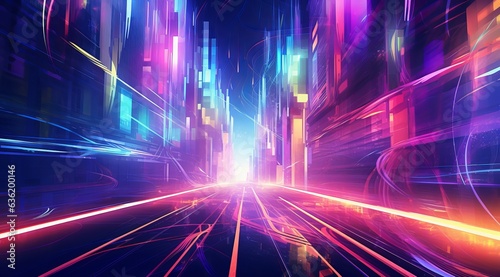 futuristic light rays and colorful lights in city