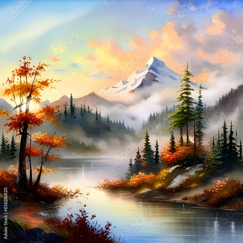 Autumn morning landscape, forest, lake. watercolor landscape