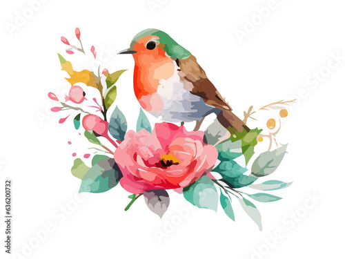 Watercolor bird and sparrow vector illustration Realistic hand drawn Painting  On branches decorated by leaves and flowers  White isolated background. 