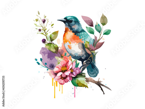 Watercolor bird and sparrow vector illustration Realistic hand drawn Painting  On branches decorated by leaves and flowers  White isolated background.