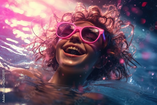 young blonde girl in sunglasses splashing around in an outdoor pool