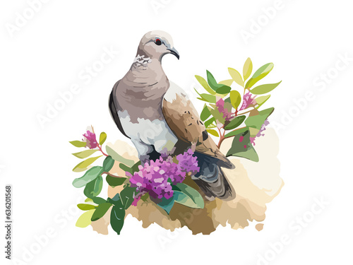Cute dove colorful watercolor, decorated by flowers and leaves glowing path, doodle and realistic, vector illustration.

