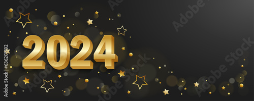 Gold vector 2024 typography with stars and bokeh on black background