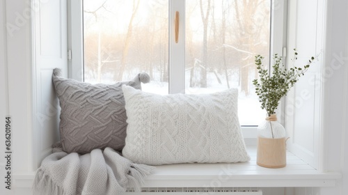 Cozy and festive atmosphere. Cushions and decor on the windowsill. created with Generative AI technology