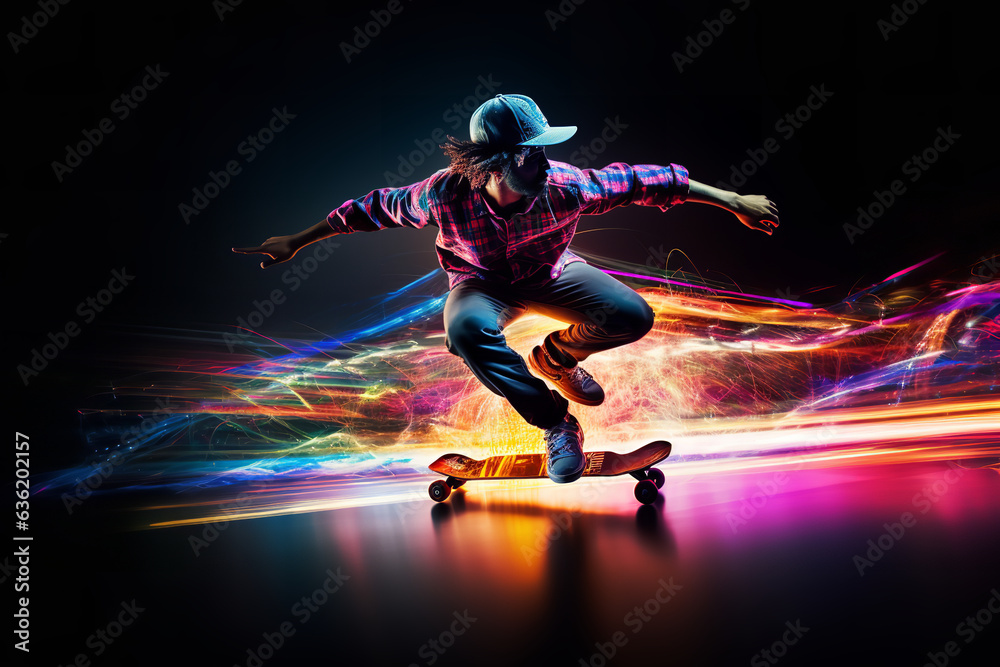 Dynamic action shot of a skater in mid-jump, with motion trails emphasizing the swift acceleration and agility of the sport