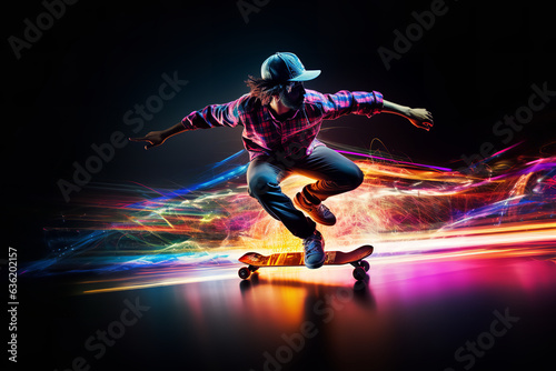 Dynamic action shot of a skater in mid-jump, with motion trails emphasizing the swift acceleration and agility of the sport