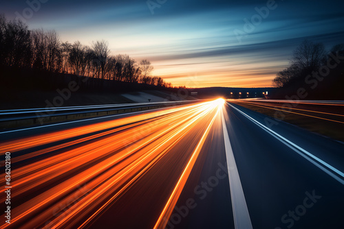 Dynamic view of a car racing down a highway, leaving a vibrant trail of light, showcasing the essence of acceleration during twilight