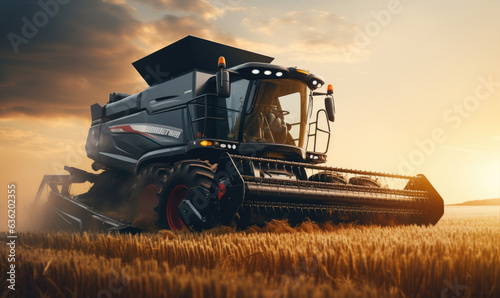 Combine harvester harvests in the wheat field with amazing background.