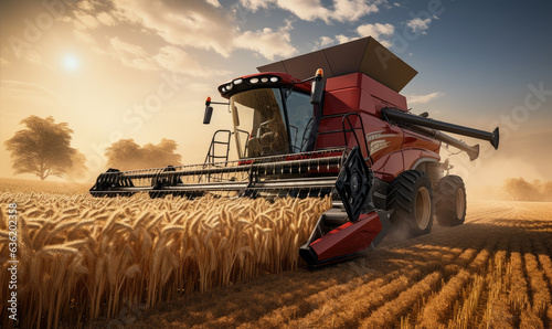 combine harvester harvests in the wheat field