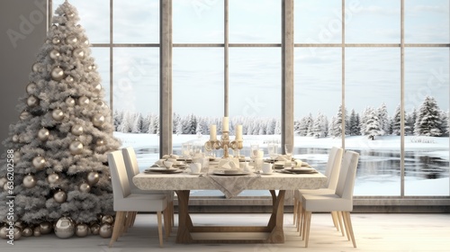 Beautiful table setting with Christmas decorations in living room created with Generative AI technology