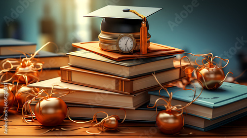 Graduation hat and book on reading desk On an orange background photo